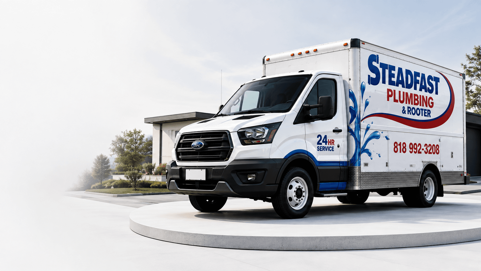 Steadfast Plumbing & Rooter service truck parked in front of a modern Valley home